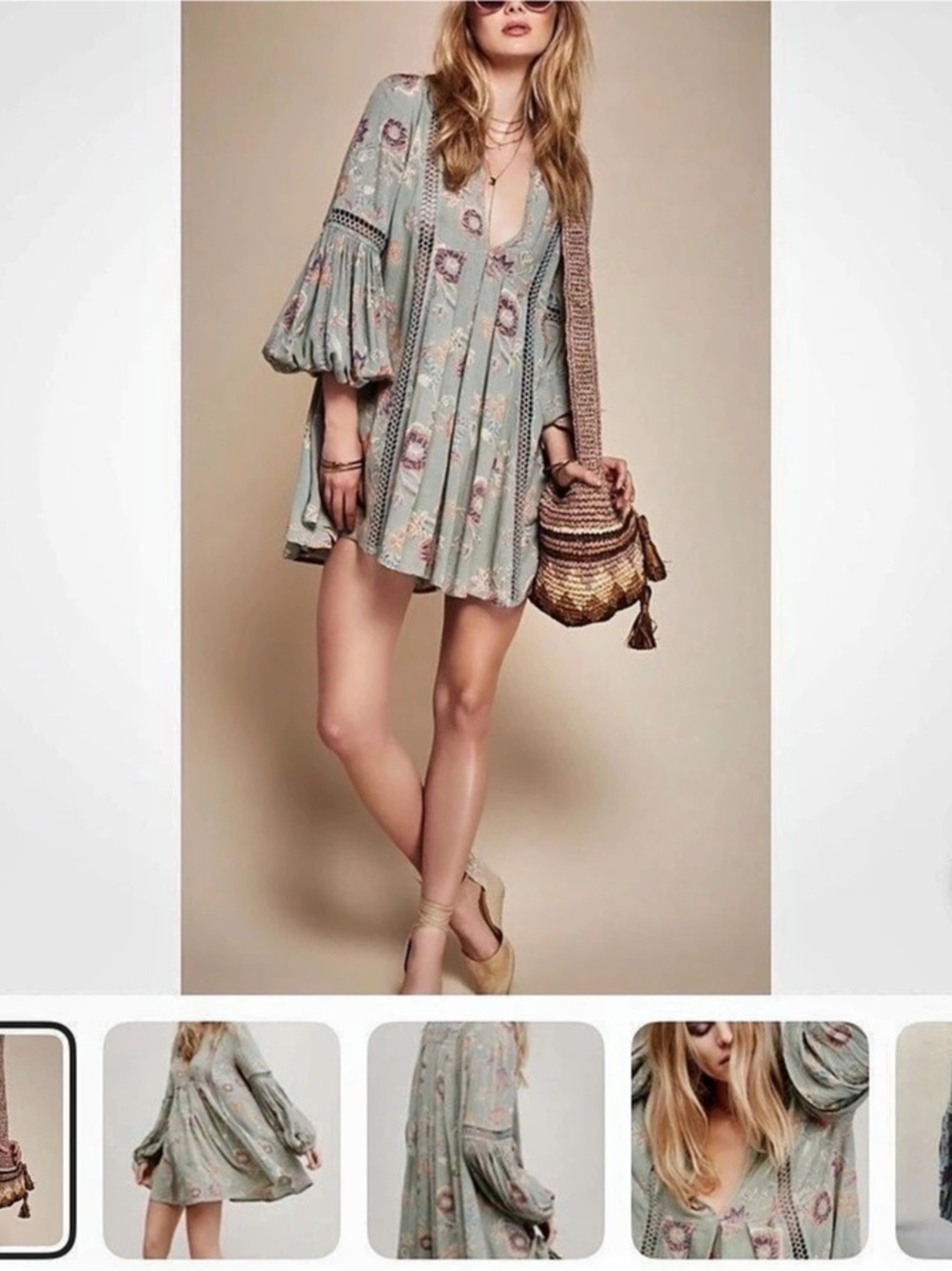 Free People Dream Weaver Tunic Floral Mini Dress in Green & Pink, XS